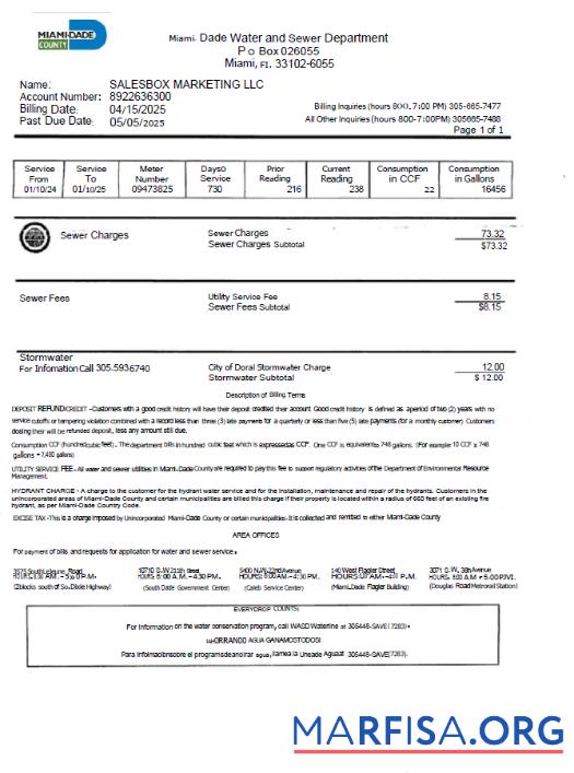 Downloadable USA Miami Dade utility bill template in Word and PDF formats